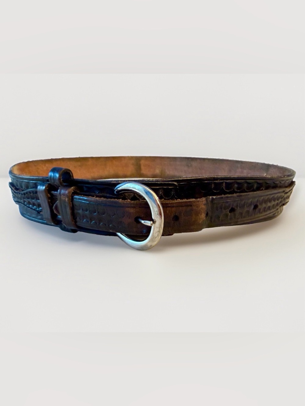 Vtg USA Dutyman Ranger Belt 38" Tooled 1721 Basketweave Leather 1.75" Wide Black